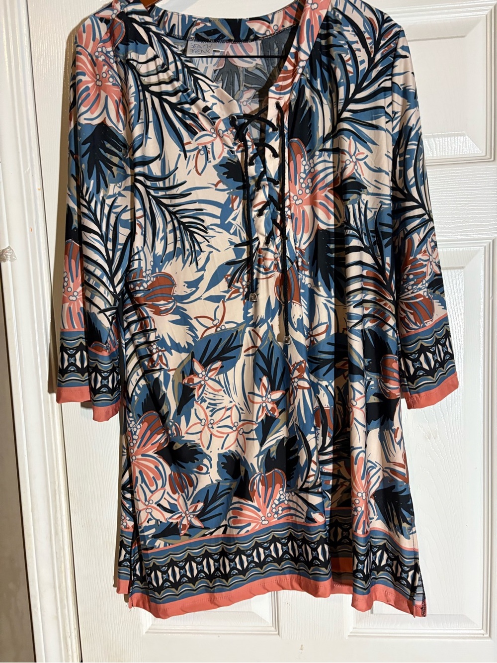 Floral Lace-Up Tunic Dress in Cream, Navy & Coral
